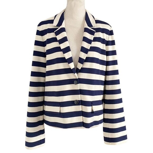 TORY BURCH AUGUSTA NAVY STRIPED NOTCHED LAPEL BLAZER - XL - Picture 2 of 11